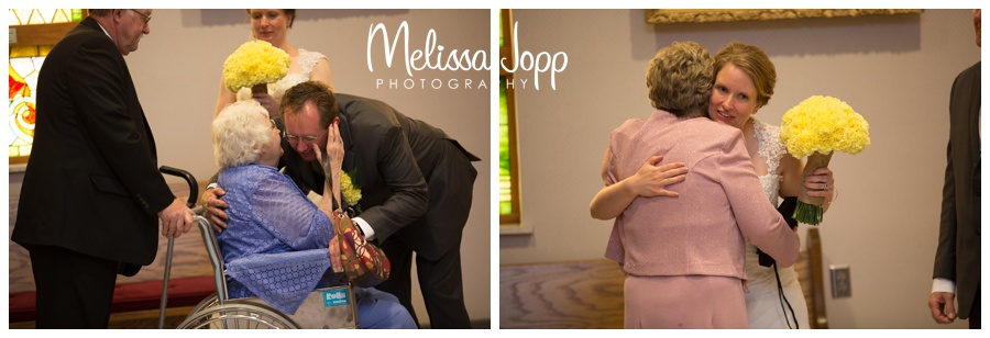 hugging grandma after wedding ceremony Minneapolis wedding photography