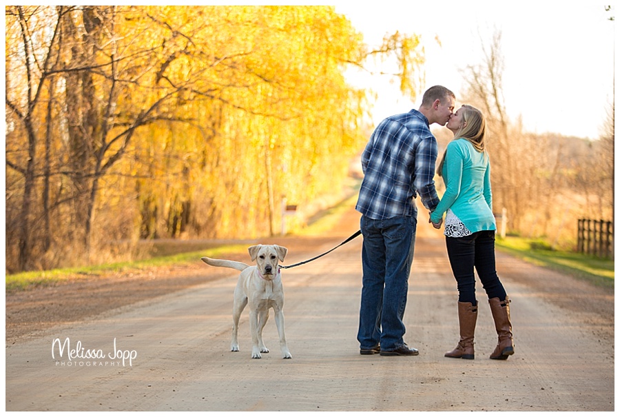 engagement pictures walking down path with dog mn